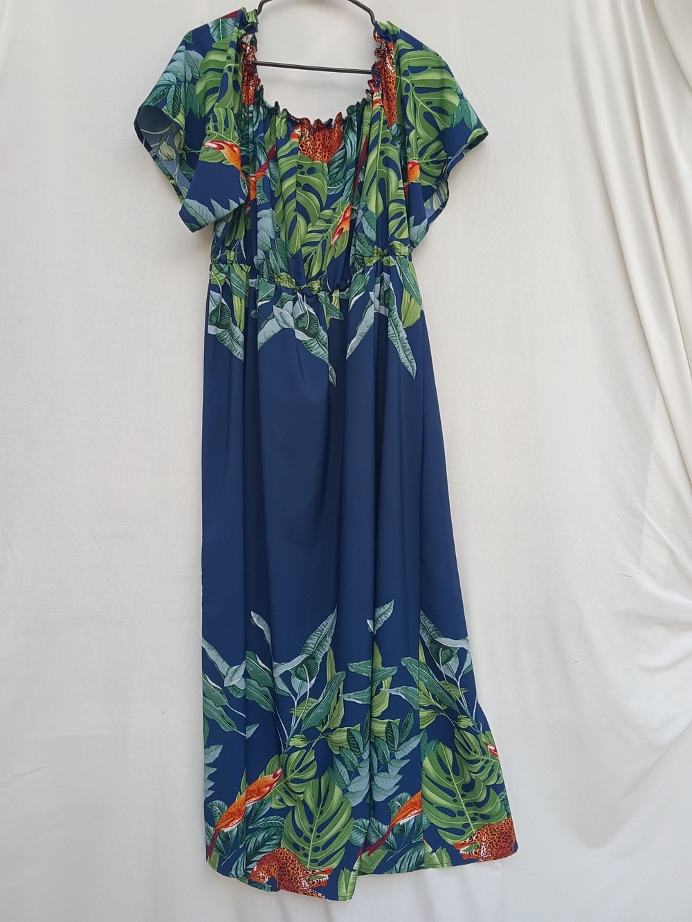 Women's Navy Tropical Maxi Dress with Green Leaf Print